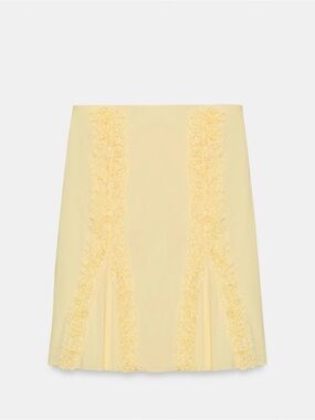 Zara Lemon Yellow A-Line Skirt with Floral Trim